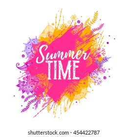 Brush strokes with rough edges and indian henna tattoos. Abstract neon background. Summer time vector illustration.