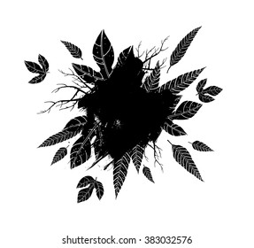 Brush strokes with rough edges and leaves. Abstract background. Vector illustration.