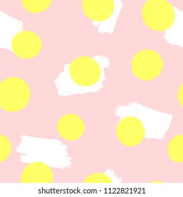 Brush strokes and round spots drawn by hand with rough brush. Abstract trendy seamless pattern. Grunge, sketch, watercolour, paint. Pink, white, yellow. Vector illustration.