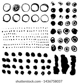 Brush strokes, round,dots,frames, vector set, ink isolated on white background