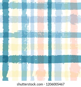 Brush strokes seamless blue pattern vector striped background. Ink paint crossed lines, blue pink yellow stripes. Modern trendy paintbrush line, stripes chequered backdrop.