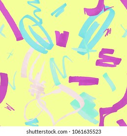 Brush strokes seamless colorful pattern. Chaotic marker strokes vector fashion background. Perfect for wallpaper, gift paper, fabric print, pattern fills, curtains. Patel colors.