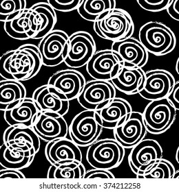 Brush strokes seamless pattern with curls. Monochrome texture