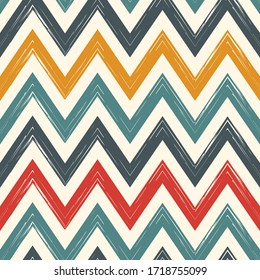 Pinselstriche nahtloses Muster. Weißer Zickzackstreifen mit horizontalem Zickzackdruck. Wiederholte Chevron-Linien Hintergrund. Einfache klassische geometrische Ornamente. Trendy Grunge Design. Abstrakte, moderne Vektorhintergründe