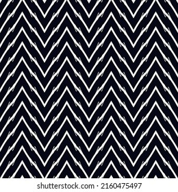 Pinselstriche nahtloses Muster. Weißer Zickzackstreifen mit horizontalem Zickzackdruck. Wiederholte Chevron-Linien Hintergrund. Einfache klassische geometrische Ornamente. Trendy Grunge Design. Abstrakte, moderne Vektorhintergründe