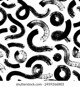 Brush strokes seamless pattern. Grunge paint shapes. Hand drawn black ink wavy and curly lines. Abstract texture waves. Monochrome chalkboard curves squiggles, vector background. Painting dye