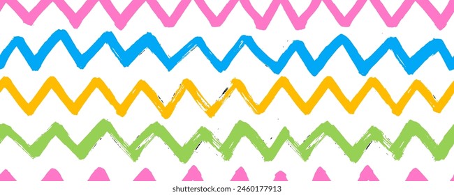 Brush strokes seamless pattern horizontal zigzag color stripes print. Repeated zigzag  lines background. Simple classic geometric ornament. Trendy grunge design. Vector abstract modern