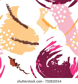 Brush strokes seamless pattern in pastel colors. Vector stylized hand drawn illustration with circles and abstract shapes.