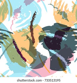 Brush strokes seamless pattern in pastel colors. Vector stylized hand drawn illustration with abstract shapes on white background.