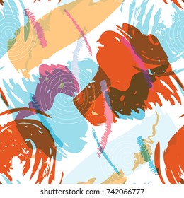 Brush strokes seamless pattern in pastel colors. Vector stylized hand drawn illustration with circles and abstract shapes.