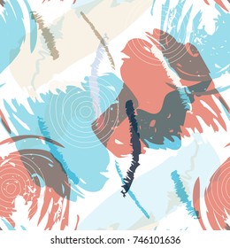 Brush strokes seamless pattern in pastel colors. Vector stylized hand drawn illustration with circles and abstract shapes.