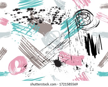 Brush strokes seamless pattern in trendy colours. Summer fantasy.  Ink geometric elements. 