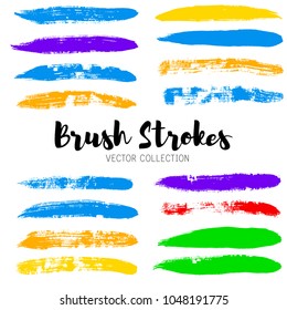 brush strokes set backgrounds. Paint line grunge collection. Set of bright grungy hand painted brush strokes isolated on white. Abstract ink texture, design elements borders or frames.