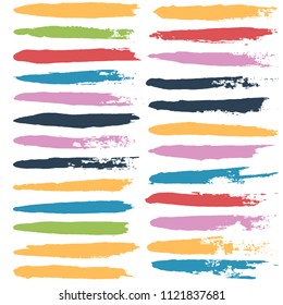 brush strokes set backgrounds. Paint line grunge collection. Set of bright grungy hand painted brush strokes isolated on white. Abstract ink texture, design elements borders or frames.