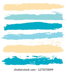 brush strokes set backgrounds. Paint lines sea grunge collection. Set of summer grungy hand painted brush strokes isolated on white. Abstract marine ink texture, design elements. Vector