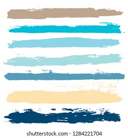brush strokes set backgrounds. Paint lines sea grunge collection. Set of summer grungy hand painted brush strokes isolated on white. Abstract marine ink texture, design elements. Vector