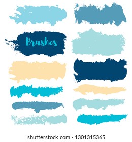 brush strokes set backgrounds. Paint lines sea grunge collection. Set of summer grungy hand painted brush strokes isolated on white. Abstract marine ink texture, design elements. Vector