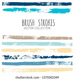brush strokes set backgrounds. Paint lines sea grunge collection. Set of summer grungy hand painted brush strokes isolated on white. Abstract marine ink texture, design elements. Vector
