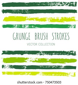 brush strokes set backgrounds. Paint line grunge collection. Set of green grungy hand painted brush strokes isolated on white. Abstract ink texture, design elements eco borders or frames.