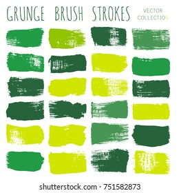 brush strokes set backgrounds. Paint line grunge collection. Set of green grungy hand painted brush strokes isolated on white. Abstract ink texture, design elements eco borders or frames.