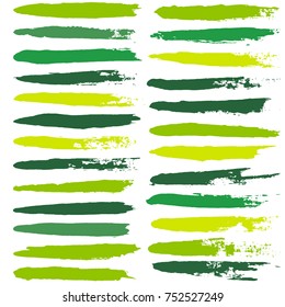 brush strokes set backgrounds. Paint line grunge collection. Set of green grungy hand painted brush strokes isolated on white. Abstract ink texture, design elements eco borders or frames.