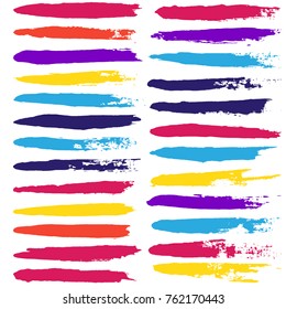 brush strokes set backgrounds. Paint line grunge collection. Set of bright grungy hand painted brush strokes isolated on white. Abstract ink texture, design elements borders or frames.