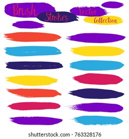 brush strokes set backgrounds. Paint line grunge collection. Set of bright grungy hand painted brush strokes isolated on white. Abstract ink texture, design elements borders or frames.