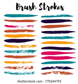brush strokes set backgrounds. Paint line grunge collection. Set of grungy hand painted brush strokes isolated on white. Abstract ink texture, design elements borders or frames.