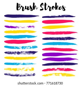brush strokes set backgrounds. Paint line grunge collection. Set of bright grungy hand painted brush strokes isolated on white. Abstract ink texture, design elements borders or frames.