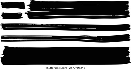 Juego de pinceladas. Pinceladas de tinta negra. Pintura trazo de pincel. Textura del pincel. Dibujado a mano gruesas líneas grunge. Líneas Horizontales atrevidas y esquemáticas.