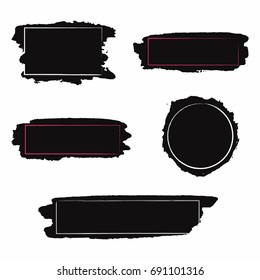 Brush strokes set. Black paint, inc brush stroke with grunge and frame. Dirty texture for text, banner. Vector