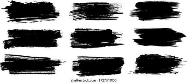 Brush Strokes. Set of four black grunge design elements. Paintbrush Boxes for text. Grunge design elements. Dirty texture banners. Vector illustration.