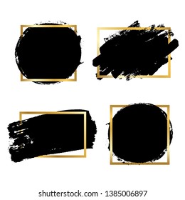 Brush strokes set, gold text box, isolated white background. Black paint brush. Grunge texture stroke frame. Ink design.  