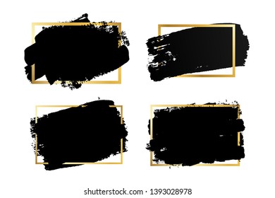 Brush strokes set, gold text box, isolated white background. Black paint brush. Grunge texture stroke frame. Ink design. Border shape, paintbrush element. Brushstroke graphic Vector illustration