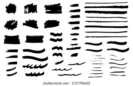 Arrojar trazos de pincel. Colección de elementos de diseño grueso. Texturas sucias de color negro dibujadas a mano 