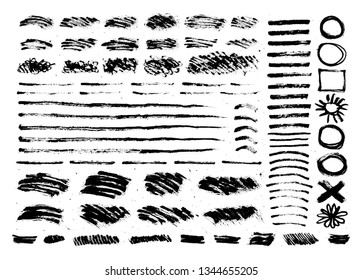 Brush strokes set isolated on white background. Paintbrush vector elements. Grunge design templates. Dirty texture banners. Ink splatters illustrations. 