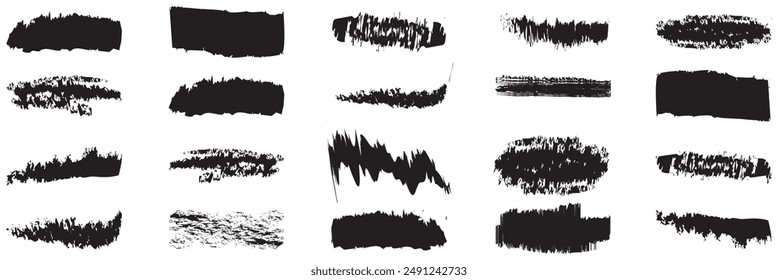 Brush strokes set isolated on white background. Black paint brush. Grunge texture stroke line. Art ink design. Border for artistic shape, paintbrush element. Brushstroke graphic. Vector illustration