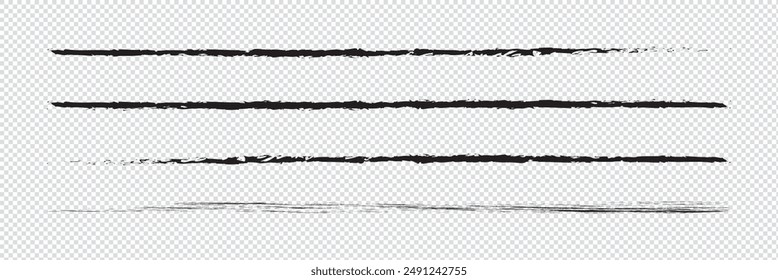 Pinselstriche auf weißem Hintergrund eingestellt. Schwarzer Pinsel. Strichlinie der Grunge-Textur. Design mit Kunsttinte. Rahmen für künstlerische Form, Pinselelement. Pinselstrich-Grafik. Vektorillustration