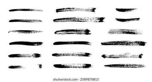 Brush strokes set isolated on transparent background. Horizontal black grunge painted lines. Various textured ink strokes. Marker highlights. Rough handmade paint streaks. Realistic vector elements.