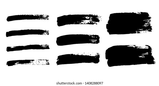 Brush strokes set, isolated white background. Black paint brush. Grunge texture stroke line. Art ink dirty design. Border artistic shape, paintbrush element. Brushstroke graphic Vector illustration