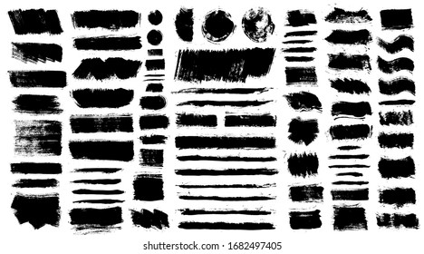 Brush strokes set. Vector paintbrush set. Round grunge design elements. Rectangle, square and diagonal text boxes. Dirty distress texture banners. Ink splatters. Grungy painted lines