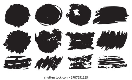 Brush strokes smear ink black stains hand drawn set. Grunge vintage spots with white spaces. Suitable background for text titles and advertisements. For price tags, promotions and sales