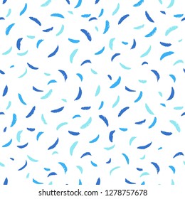 Brush strokes, smears seamless repeat vector pattern, chaotic texture. Sickle, crescent shape textured smudges, arched, curved stains, specks with rough edges. Sky, navy blue hand drawn background. 