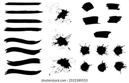 Brush strokes and splash design element. Abstract hand painted background. Paintbrush set. Grunge design elements. Rectangle text boxes. Dirty distress texture banners. Grungy painted objects. 