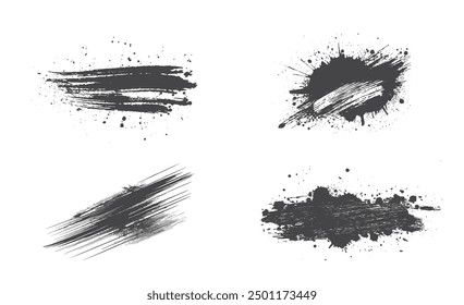 Brush strokes with splashes. Black grunge paint ink texture. Isolated vector images in simple style