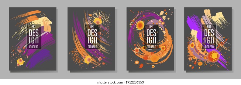 Сovers with brush strokes and splashes for books, magazines, catalogs. Universal abstract layouts.