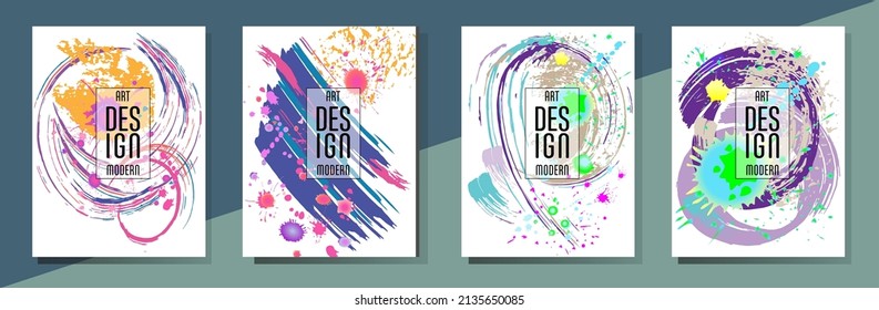 Сovers with brush strokes and splashes for books, magazines, catalogs. Universal abstract layouts.
