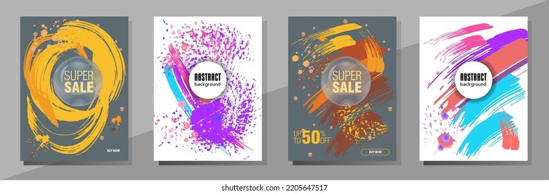 Сovers with brush strokes and splashes for books, magazines, catalogs. Universal abstract layouts.

