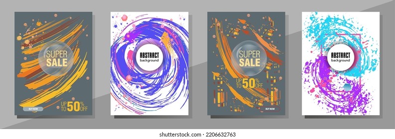 Сovers with brush strokes and splashes for books, magazines, catalogs. Universal abstract layouts.
