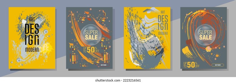 Сovers with brush strokes and splashes for books, magazines, catalogs. Universal abstract layouts.

